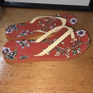 Tory Burch Floral Flip Flop Sandals in Coral with Cream Straps